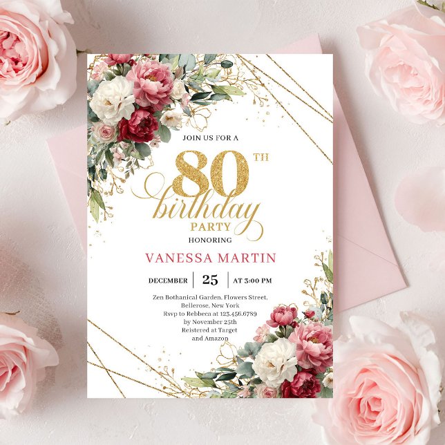 Classic Blush Burgundy Floral 80th Birthday Invite (Classic Blush Burgundy Floral 80th Birthday Invite)