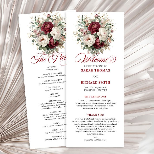 Classic Blush Burgundy Floral Wedding Program (Classic Blush Burgundy Floral Wedding Program)