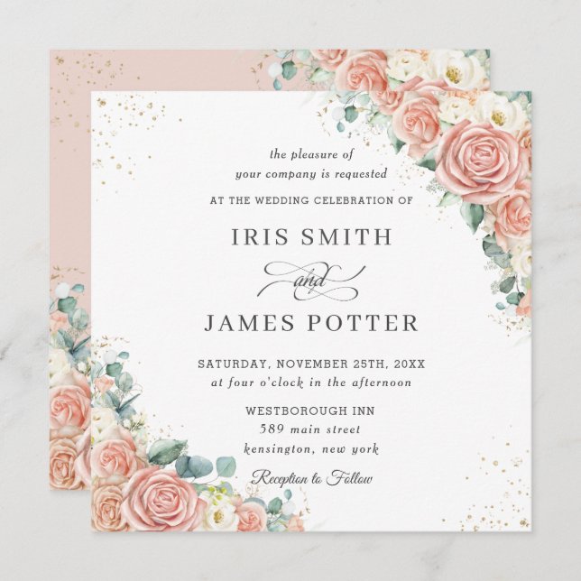 Classic Blush Peach Ivory Floral Wedding Square  Invitation (Front/Back)