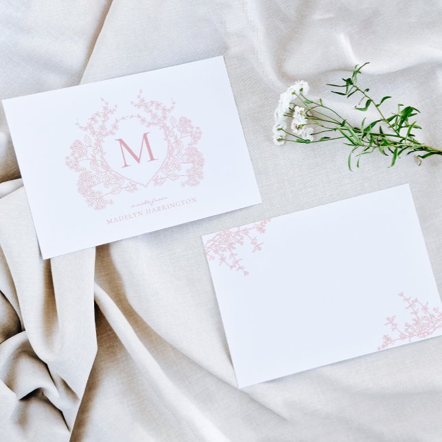 Classic Blush Pink Floral Crest Monogram Card (Creator Uploaded)