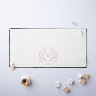 Classic Blush Pink Floral Crest Monogram Desk Mat
