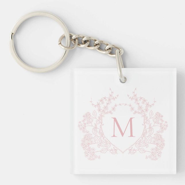 Classic Blush Pink Floral Crest Monogram Key Ring (Front)