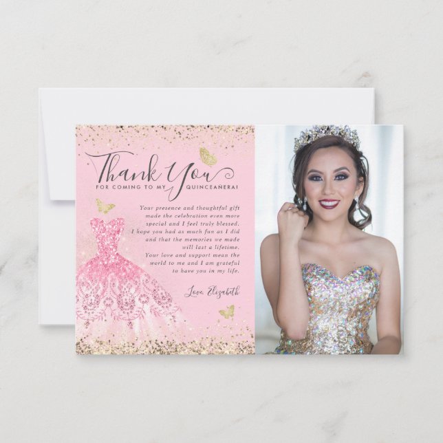 Classic Blush Pink Gold Glitter Quinceanera 2Photo Thank You Card (Front)