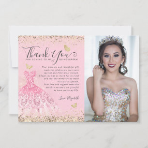 Classic Blush Pink Gold Glitter Quinceanera Photo Thank You Card