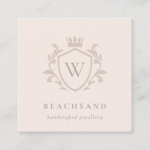 Classic Blush Pink Monogram Floral Crown Crest Square Business Card