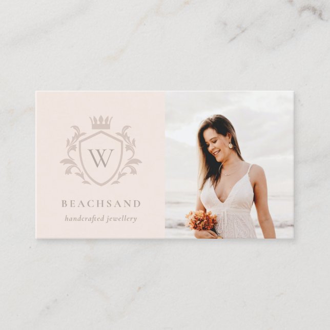 Classic Blush Pink Monogram Floral Photo Crest Business Card (Front)