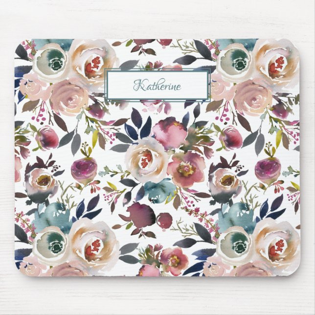 Classic Blush Pink Sage Green Dusty Blue Flowers Mouse Pad (Front)