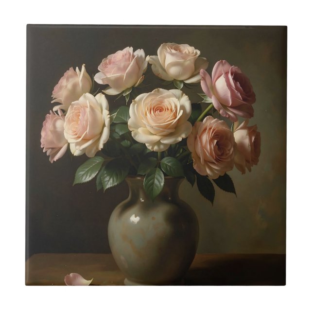 Classic Blush Rose Bouquet Still Life Ceramic Tile (Front)