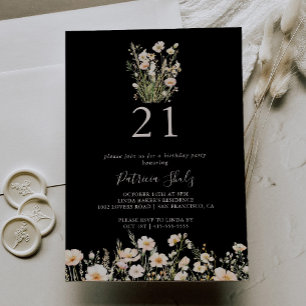 Classic Blush Wildflower Black 21st Birthday Party Invitation