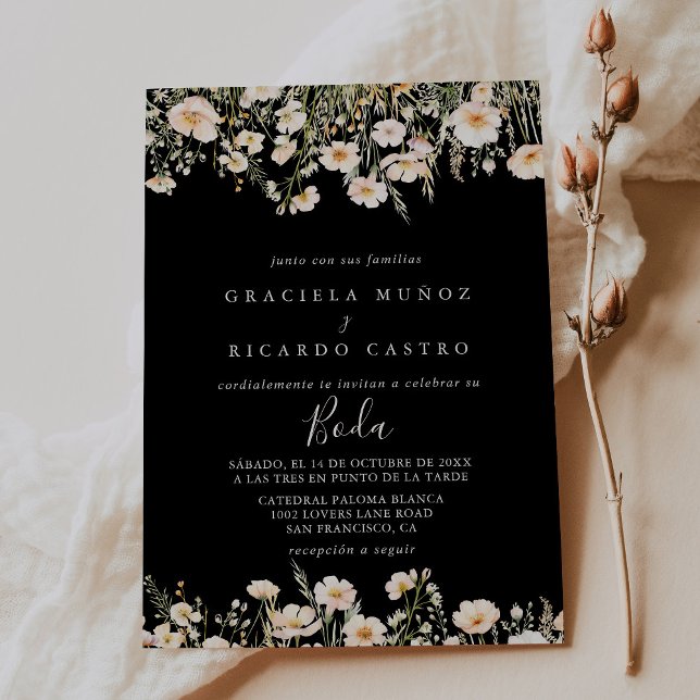 Classic Blush Wildflower Black Spanish Wedding Invitation (Creator Uploaded)