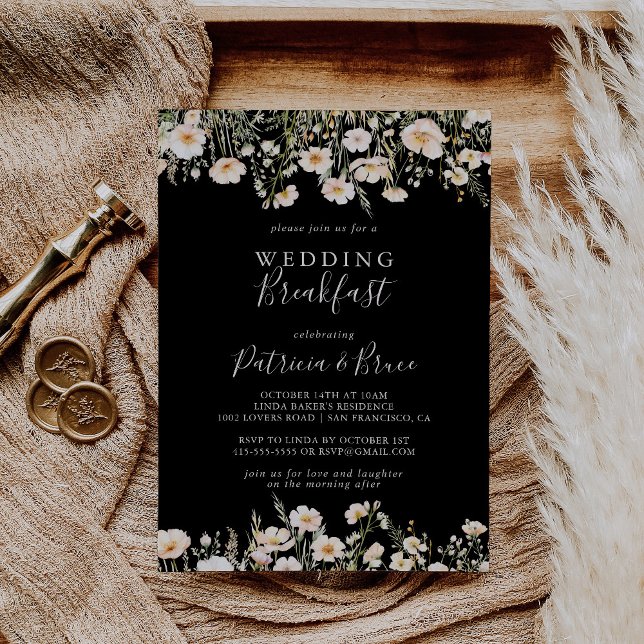 Classic Blush Wildflower Black Wedding Breakfast Invitation (Creator Uploaded)