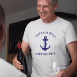 Classic Boat Anchor Captains T-Shirt<br><div class="desc">Nautical-themed boat captain's white t-shirt featuring a navy blue illustration of a classic anchor and your name and your boat's name in modern navy blue lettering.</div>