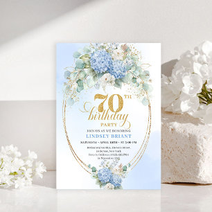 Classic Boho 70th Birthday Blue Floral Eucalyptus Invitation