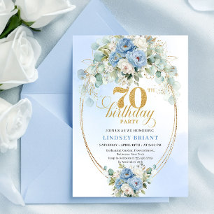 Classic Boho Blue Floral Eucalyptus 70th Birthday  Invitation