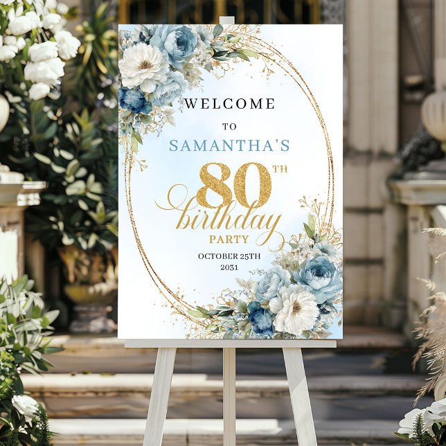 Classic boho blue florals eucalyptus gold 80th  poster (Classic boho blue florals eucalyptus gold 80th birthday welcome

)