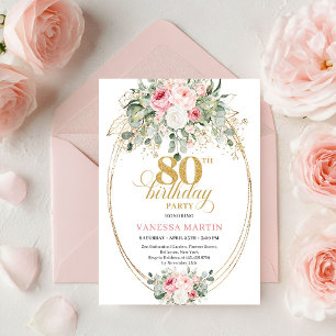 Classic Boho Blush Roses 80th Birthday Invitation