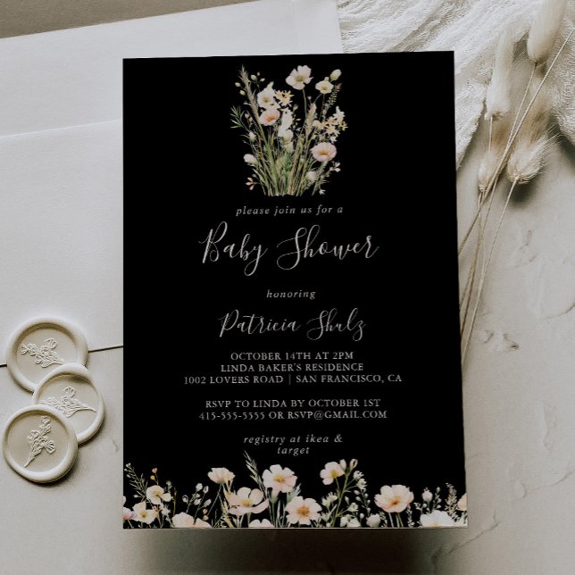 Classic Boho Blush Wildflower Black Baby Shower Invitation (Creator Uploaded)