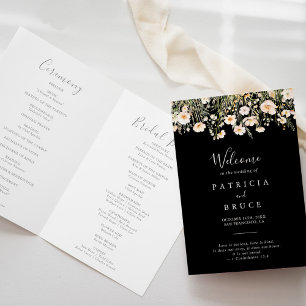 Classic Boho Blush Wildflower Black Folded Wedding Program