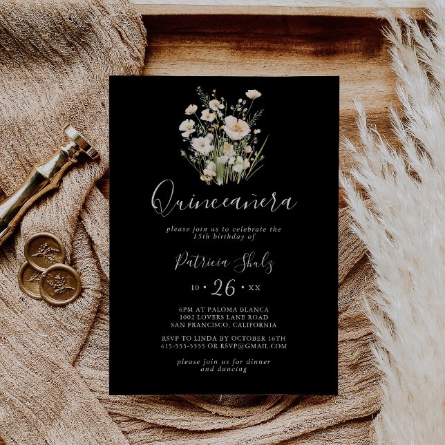 Classic Boho Blush Wildflower Black Quinceañera Invitation (Creator Uploaded)