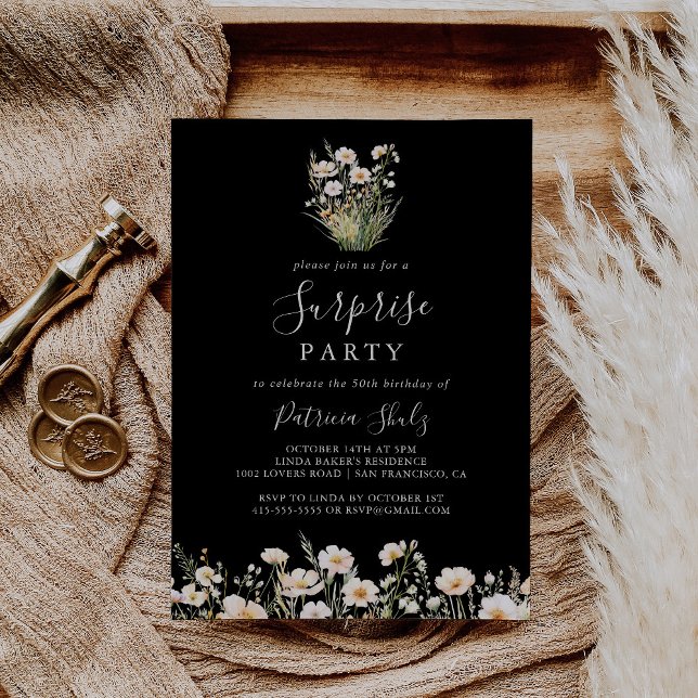 Classic Boho Blush Wildflower Black Surprise Party Invitation (Creator Uploaded)
