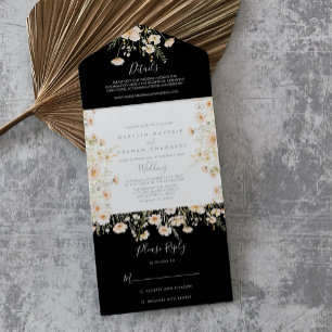 Classic Boho Blush Wildflower Black Wedding All In One Invitation