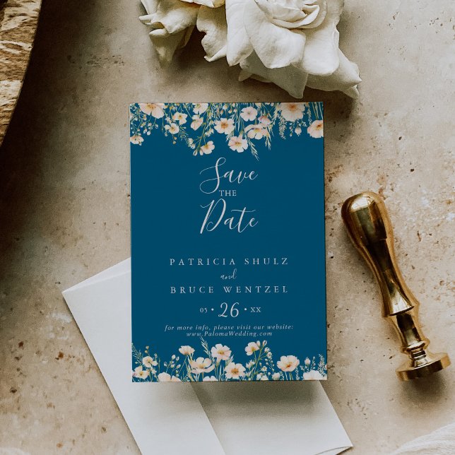 Classic Boho Blush Wildflower Blue Wedding Save The Date (Creator Uploaded)