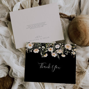 Classic Boho Blush Wildflower Flat Black Wedding Thank You Card