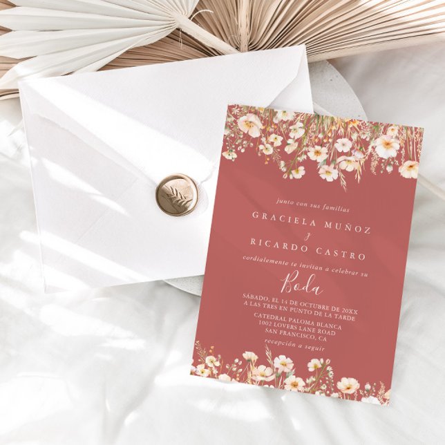 Classic Boho Blush Wildflower Spanish Wedding Invitation (Creator Uploaded)