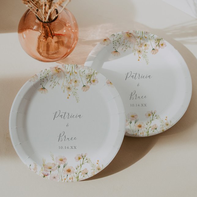 Classic Boho Blush Wildflower Wedding Cake Paper Plate (Creator Uploaded)