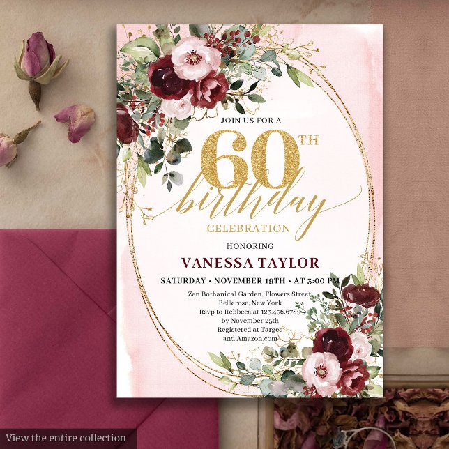 Classic Boho Burgundy Blush Roses 60th Birthday Invitation (Classic Boho Burgundy Blush Roses 60th Birthday)