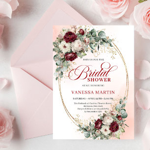 Classic Boho Burgundy Flowers & Gold Bridal Shower Invitation