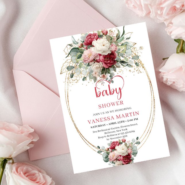 Classic Boho Crimson White Gold Floral Baby Invite (Classic Boho Crimson White Gold Floral Baby Invites Co

)