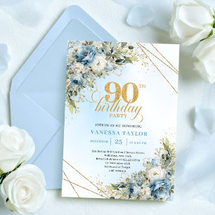 Classic Boho Dusty Blue White Floral 90th Birthday Invitation