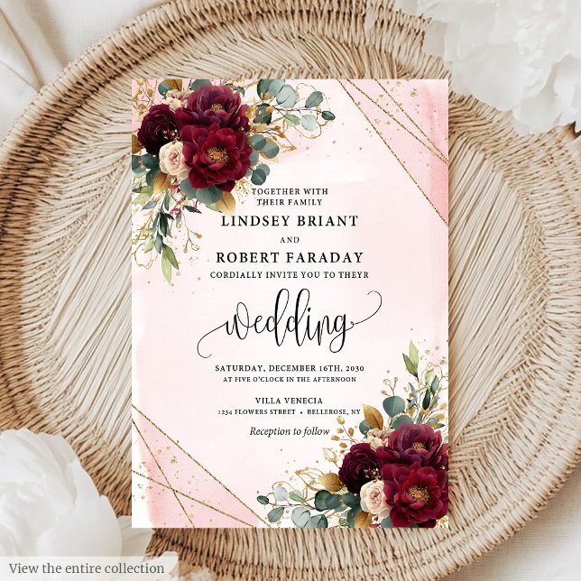 Classic Boho Merlot Gold White Flowers Wedding  Invitation (Classic Boho Merlot Gold White Flowers Wedding Invitation)
