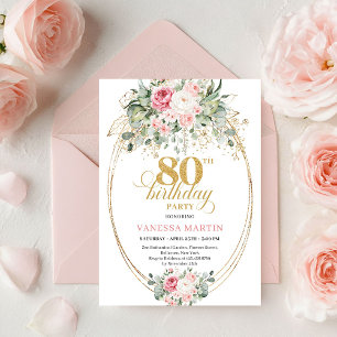Classic Boho Minimalist Blush Floral 80th Birthday Invitation