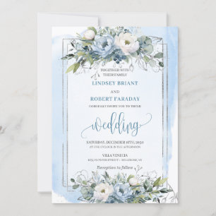Classic Boho Pastel Blue Silver Roses Wedding  Invitation