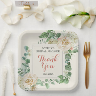 Classic Boho Rose Floral Bridal Shower Thank You Paper Plate