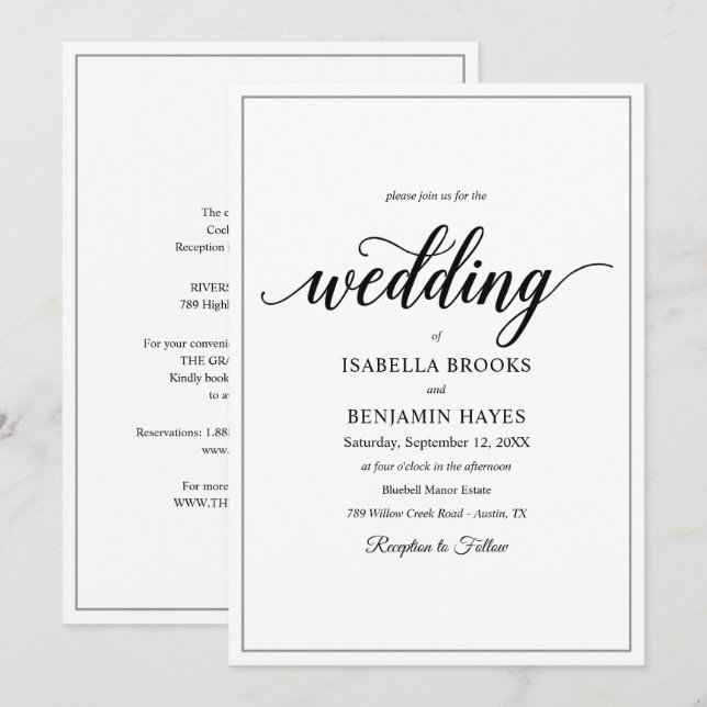 Classic Bold Black Text White Minimalist Wedding Invitation (Front/Back)