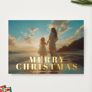 Classic Bold Gold Typography Photo Merry Christmas Foil Holiday Card
