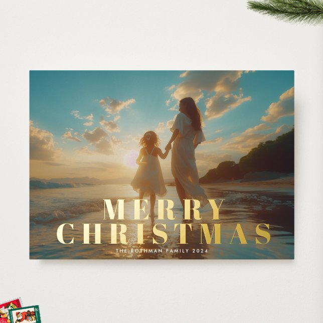 Classic Bold Gold Typography Photo Merry Christmas Foil Holiday Card (Creator Uploaded)