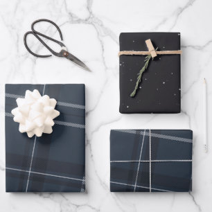 Classic bold navy blue plaid and stars wrapping paper sheet