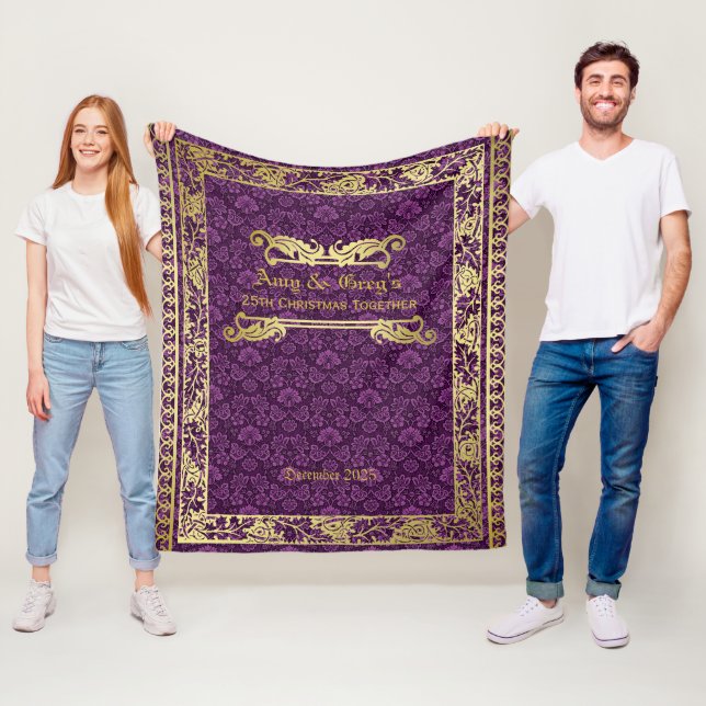 Classic Book Cover Gold Foliage Purple Damask Fleece Blanket (In Situ)