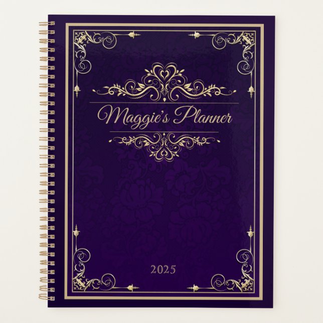 Classic Book Cover Purple Damask Gold Ornament Planner (Front)