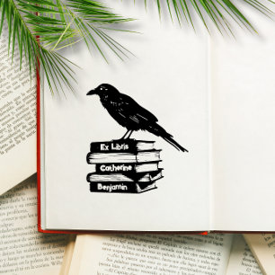 Classic book stack with Raven ex libris stamp