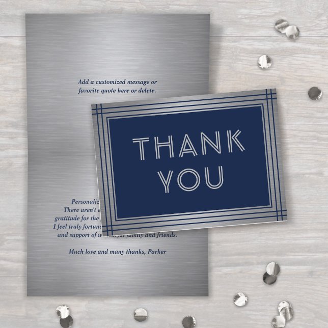 Classic Border Brushed Grey and Navy Blue Folded Thank You Card (Creator Uploaded)
