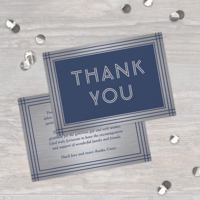 Classic Border Elegant Navy Blue & Brushed Grey Thank You Card (Creator Uploaded)