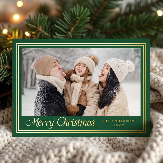 Classic Border Green Merry Christmas Photo Foil Holiday Card (Creator Uploaded)