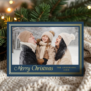 Classic Border Navy Merry Christmas Photo Foil Holiday Card