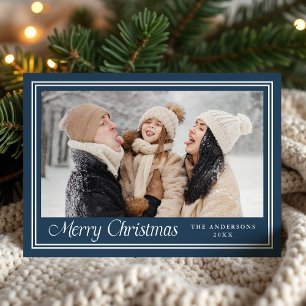Classic Border Navy Merry Christmas Photo Holiday Card