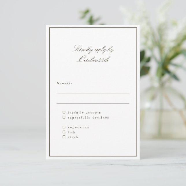 Classic Border Olive Elegant Wedding Meal Choice RSVP Card (Standing Front)